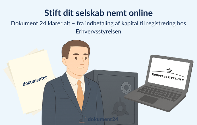 Dokumenter, revisor med klientkonto, og computer med erhvervsstyrelsen