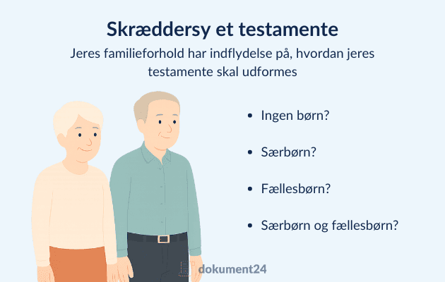 Ægtepagt med liste over familieforhold der har indflydelse på et testamente