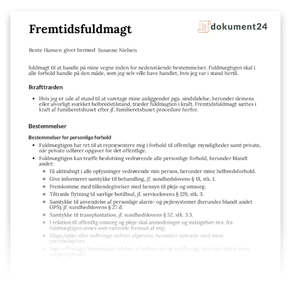 Fremtidsfuldmagt Dokument