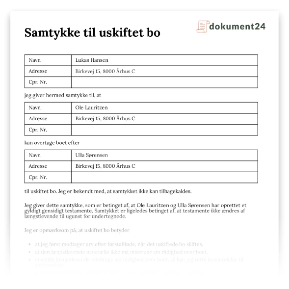 Samtykke til uskiftet bo