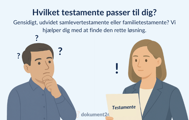 Person der står foran tre testamentevalg med skilte: “Gensidigt”, “Udvidet samlever” og “Familie”, mens en rådgiver fra Dokument 24 hjælper.