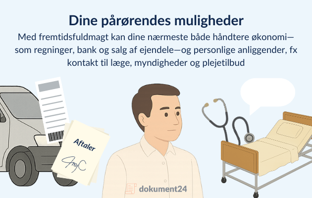 Man i hvid skjorte, bil, aftaler, regninger, sygeseng, stetoskop