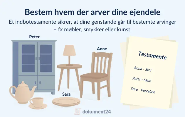 Et indbotestamente med ønsket om, at specifikke genstande som smykker og møbler går til bestemte arvinger.
