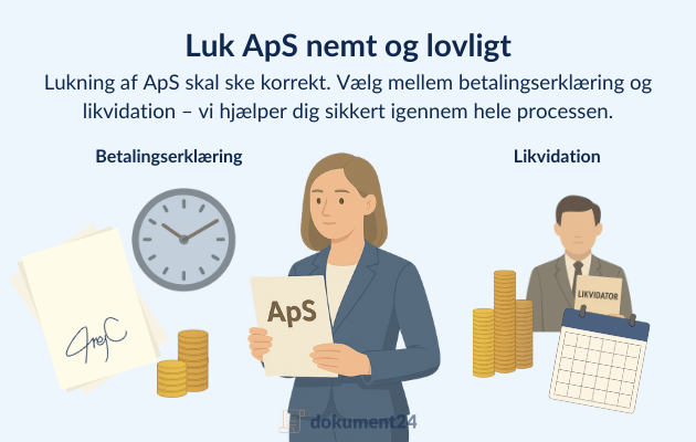 To veje til lukning af ApS: betalingserklæring og likvidation illustreret med virksomhedsejer, juridiske dokumenter og tjeklister