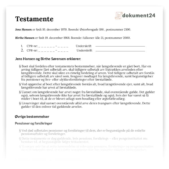 eksempel på indhold i testamente