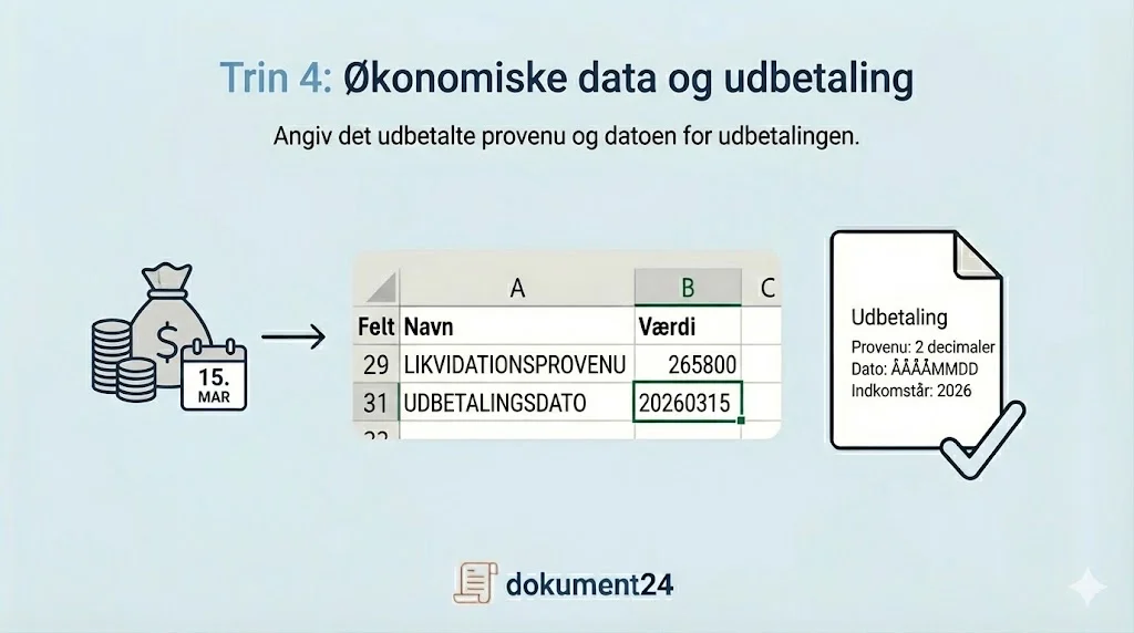 Økonomiske data og beløb guide til likvidationsprovenu