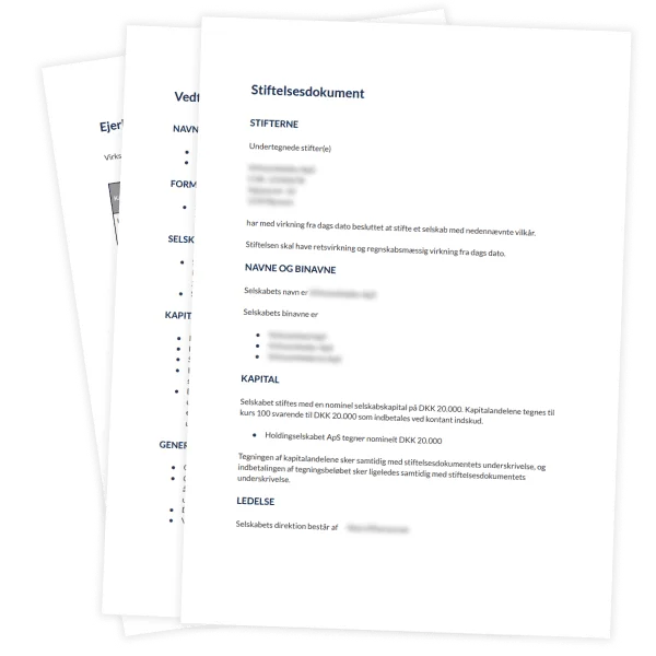 Eksempel på stiftelsesdokument til ApS med oplysninger om stifter og selskabsnavn.
