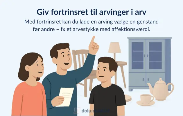 Arving der vælger et kaffestel som førstevalg i fordelingen, mens andre arvinger venter, illustreret med familiær stemning.