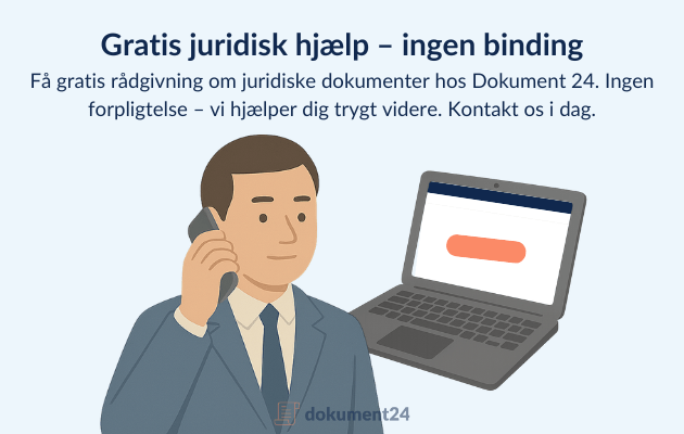 En rådgiver taler i telefon med en kunde, mens en computer viser Dokument 24’s hjemmeside. Tekstboble med “Gratis hjælp – ingen binding”.
