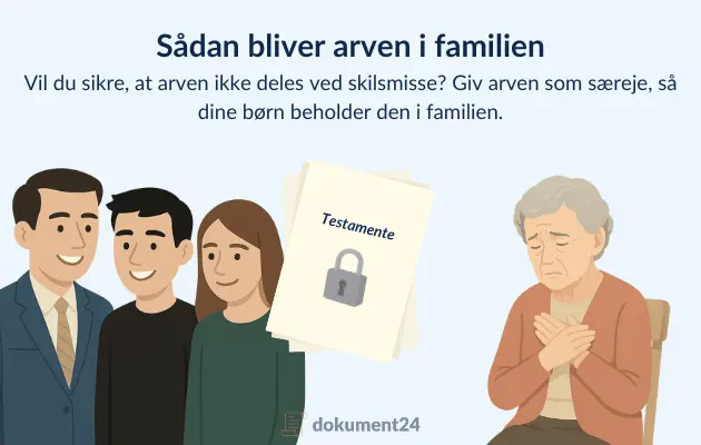 Forælder, der overdrager arv som særeje til barn, med visuel markering af beskyttelse mod skilsmisse.