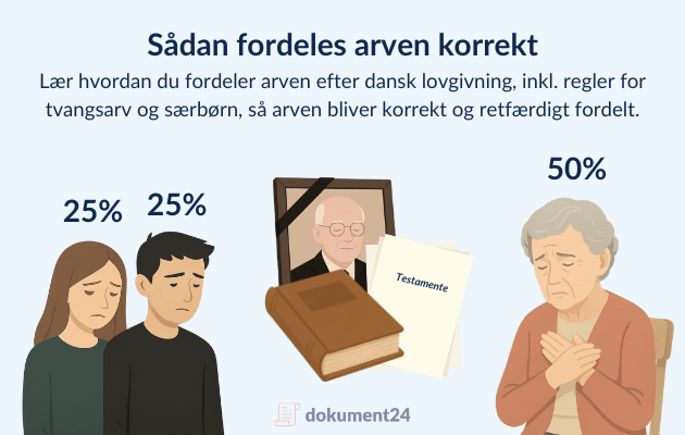 Illustration af arvefordeling i en familie med både fællesbørn og særbørn samt tydeliggørelse af tvangsarv.
