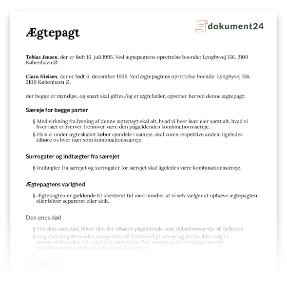 Ægtepagt dokument - Se eksempel