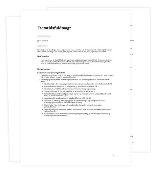Foto af udfyldt fremtidsfuldmagt med bestemmelser om personlige forhold, helbred og omsorg.