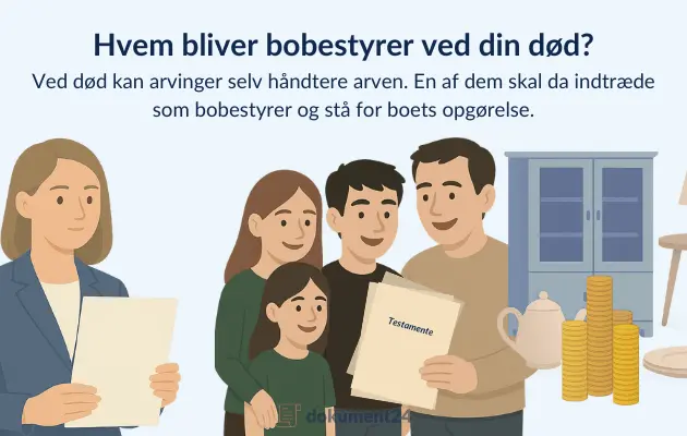 En arving der overtager rollen som bobestyrer og står med dokumenter og ansvaret for boopgørelsen efter et dødsfald.