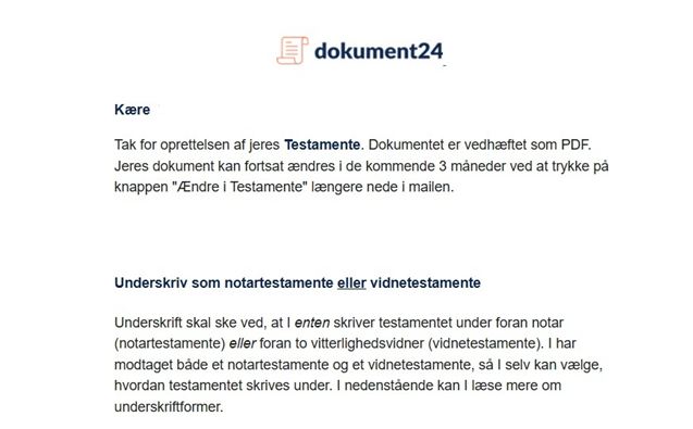 Mail med testamente dokument modtaget fra Dokument 24