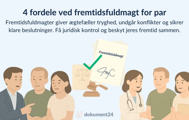 Ægtepar smiler og gennemgår dokumenter sammen, mens en rådgiver hjælper med fremtidsfuldmagt, som sikrer tryghed og beslutningskraft.
