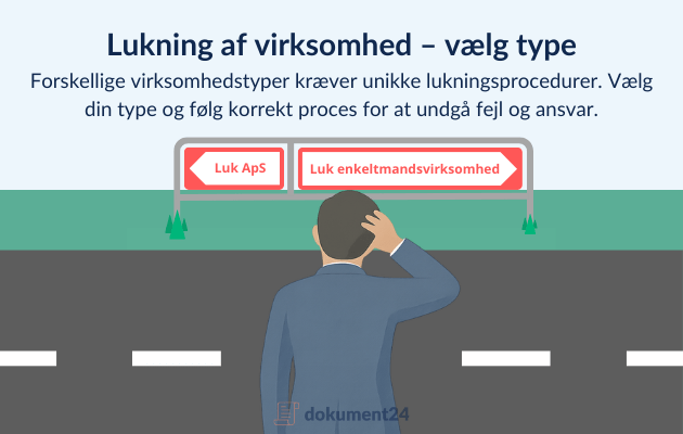 Illustration af valg mellem virksomhedstyper ved lukning, med tydelig skelnen mellem ApS og enkeltmandsvirksomhed