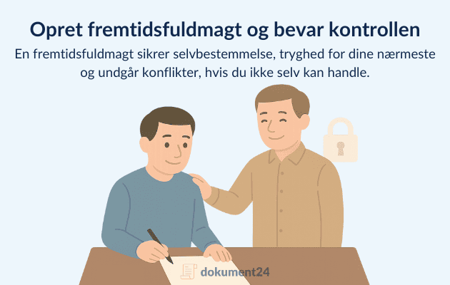 Illustration af to personer, hvor den ene underskriver en fremtidsfuldmagt, mens den anden støttende lægger hånden på skulderen.